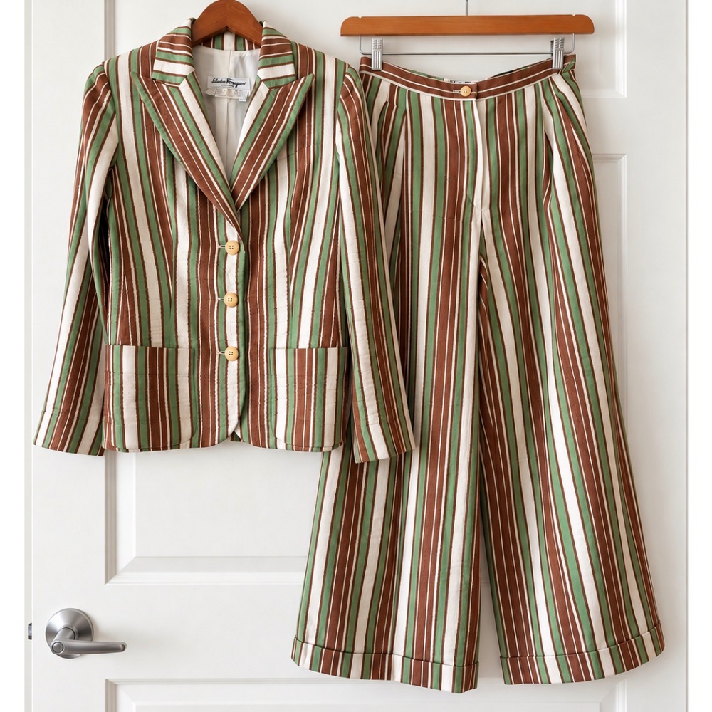 Vintage Salvatore Ferragamo Striped Linen & Silk Pantsuit | Made in Italy | US 8 - Picture 1 of 9